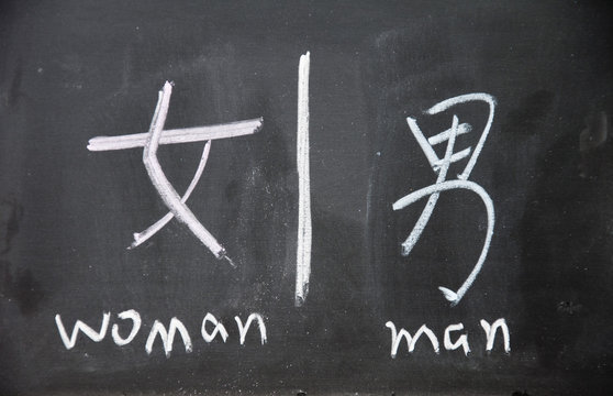 woman and man symbols with Chinese writing on the blackboard