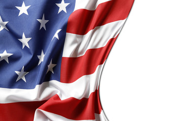 Silky American flag on white. Copy space