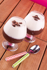 two colour pudding, chocolate and vanilla pudding