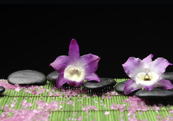 pink orchid with zen stone and pile of sea salt on mat