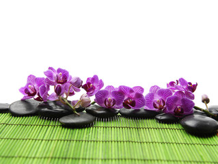 Obraz na płótnie Canvas branch pink orchid with black stones on green mat