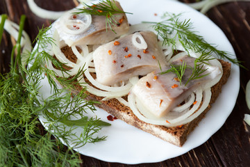 herring fillet with onions and dill on bread on a plate