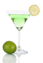 Green cocktail with lime isolated on white