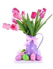 Easter composition with fresh tulips and easter eggs isolated