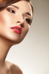 Red lip. Woman with nice makeup  and red lipstick