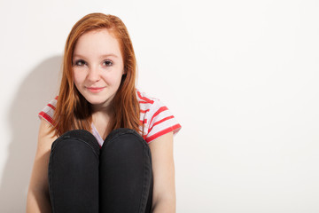 portrait of cute redheaded girl, isolated on white background