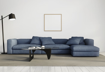 Contemporary elegant living room, blue sofa, white wood floor