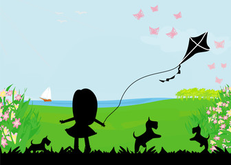 girl with flying kite.