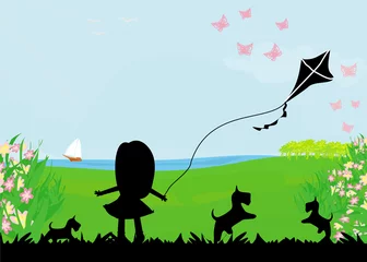 Peel and stick wall murals Birds, bees girl with flying kite.