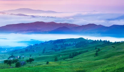 Fotobehang Foggy summer morning in the Carpathian mountains. Ukraine, Europ © Andrew Mayovskyy