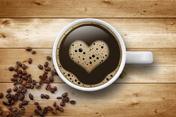 Kaffeetasse mit Herz auf Holz