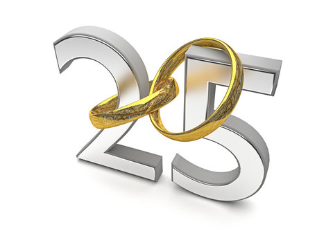 Zahl 25 mit zwei Eheringen aus Gold, Verlobung, Hochzeit, Ehe - verliebt, verlobt, verheiratet - 3D Illustration