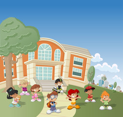 Obraz na płótnie Canvas Group of happy cartoon children in front of school