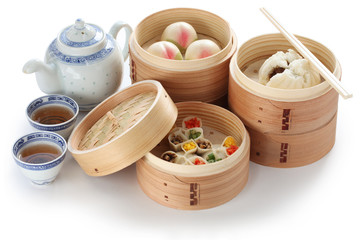 yumcha, dim sum in bamboo steamer, chinese cuisine