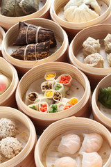 yumcha, dim sum in bamboo steamer, chinese cuisine