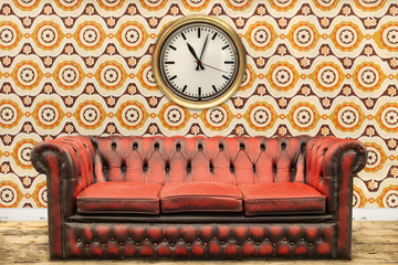 Retro styled image of a sofa and clock against a vintage wall
