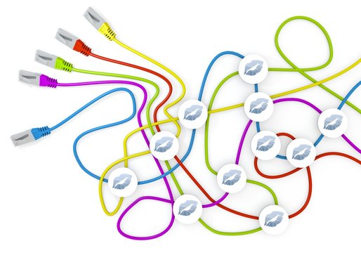 3d graphic of a friendly kiss icon nodes in network cable chaos