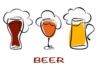 Beer collection. Three mugs of beer pint on white. Vector eps10