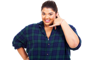 plus size woman doing call me sign