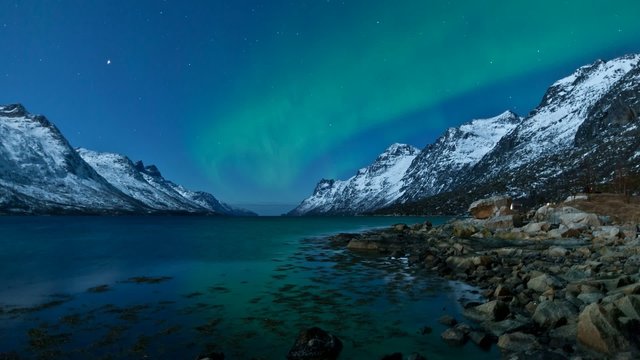 Northern lights (Aurora borealis) over the sea, Norway