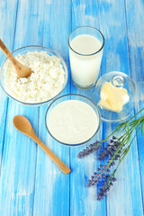 Glass of milk and cheese on  light background