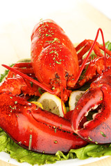 Red lobster on platter with vegetables on wooden table close-up