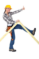 Peppy woman holding up a wooden frame