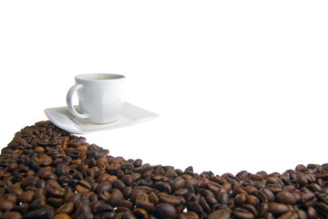 Coffee cup and grain on white background