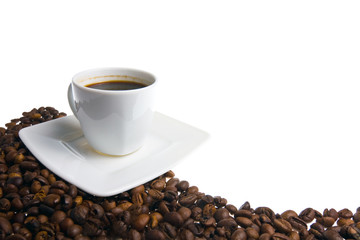Coffee cup and grain on white background