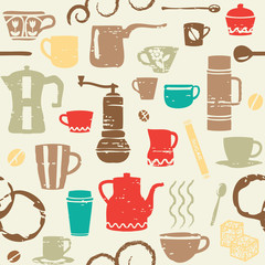 Seamless pattern with scratched coffee related elements