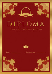 Vertical Red Diploma / Certificate template. Golden border