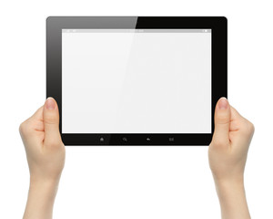 Woman hands holding tablet PC on white background .