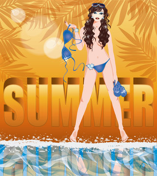 Summer time card with sexy girl in topless,  vector