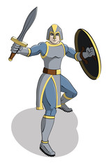 Brave Knight in Armor avec épée et bouclier surélevés prêt pour la bataille