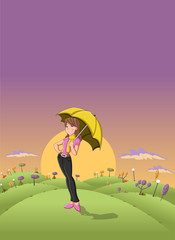 Cute cartoon girl holding yellow umbrella