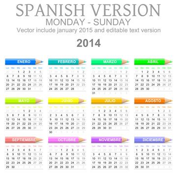 2014 calendar with crayons spanish vector version
