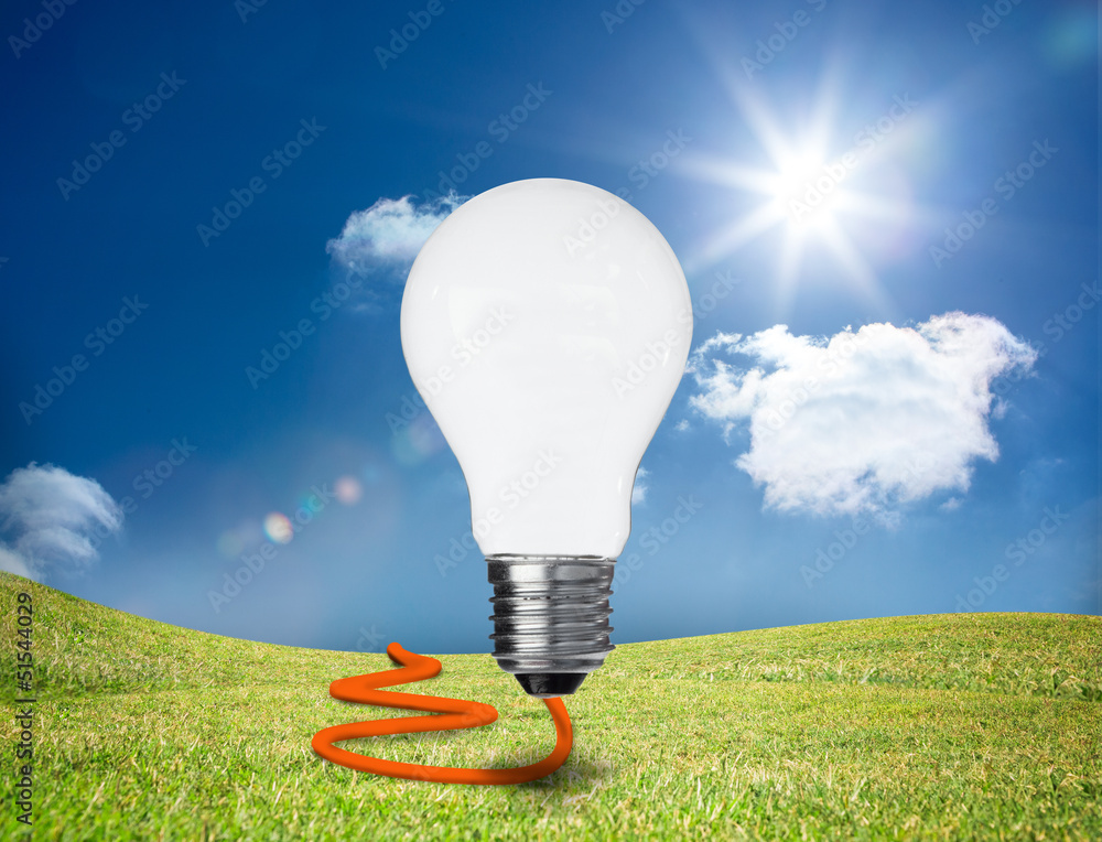 Aufkleber light bulb floating in a green field