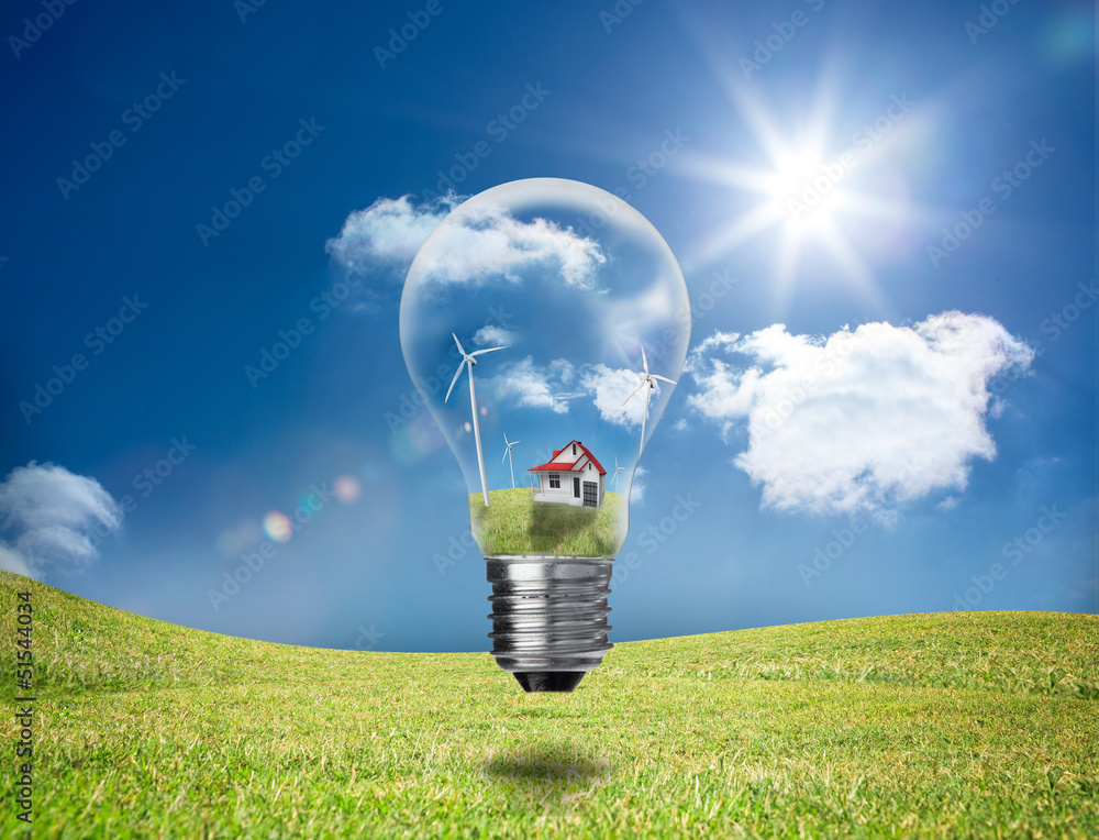 Poster Light bulb showing house and turbines in a field