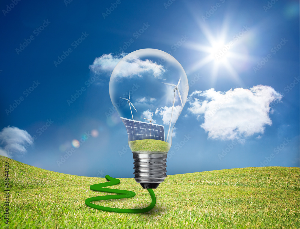 Aufkleber light bulb showing solar panels and turbines in a field