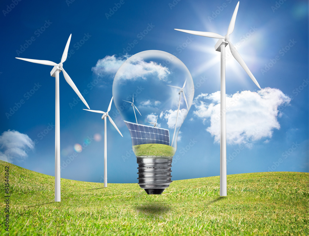 Poster Light bulb showing solar panels turbines in field with turbines
