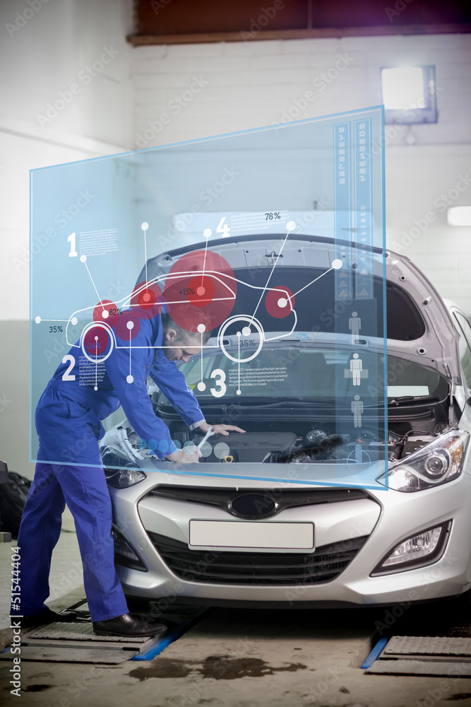 Poster man repairing car with open hood and small futuristic interface