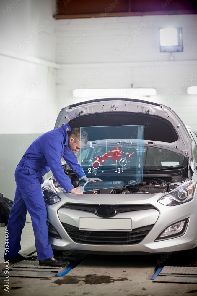 Poster man repairing car with open hood and small futuristic interface