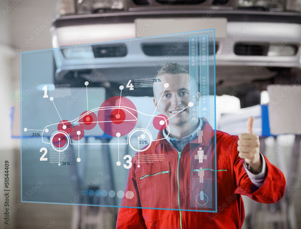 Poster mechanic showing thumbs up with futurist interface