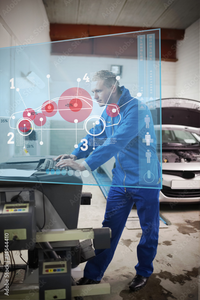Poster mechanic consulting futuristic interface with car diagram