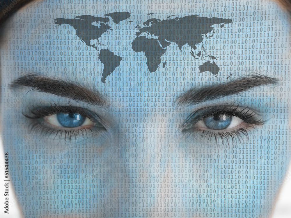 Poster Attractive blue eyed woman with binary coding and map on face