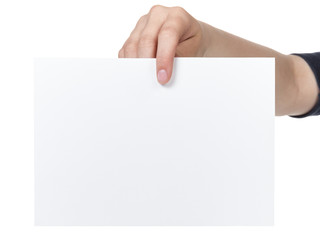 female teen hand holding blank paper a5 sheet