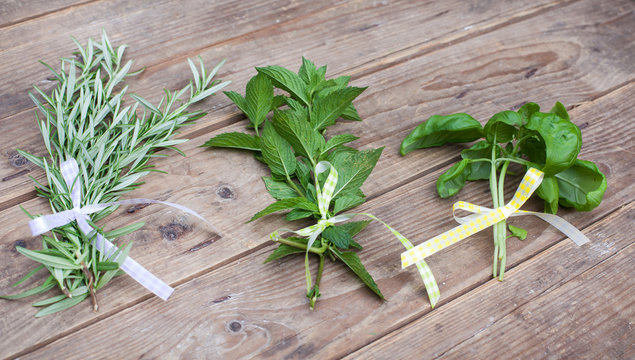 Rosemary, basil and pepermint plants on wooden table