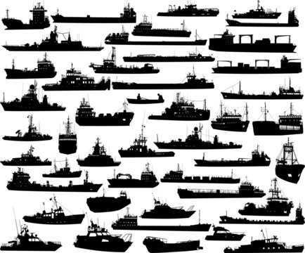 Set of 46 silhouettes of sea yachts, towboat and the ships