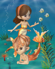 Cute Toon Goldfish Merpeople Scene