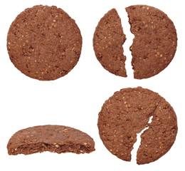 set round wholewheat biscuits with cocoa isolated on white